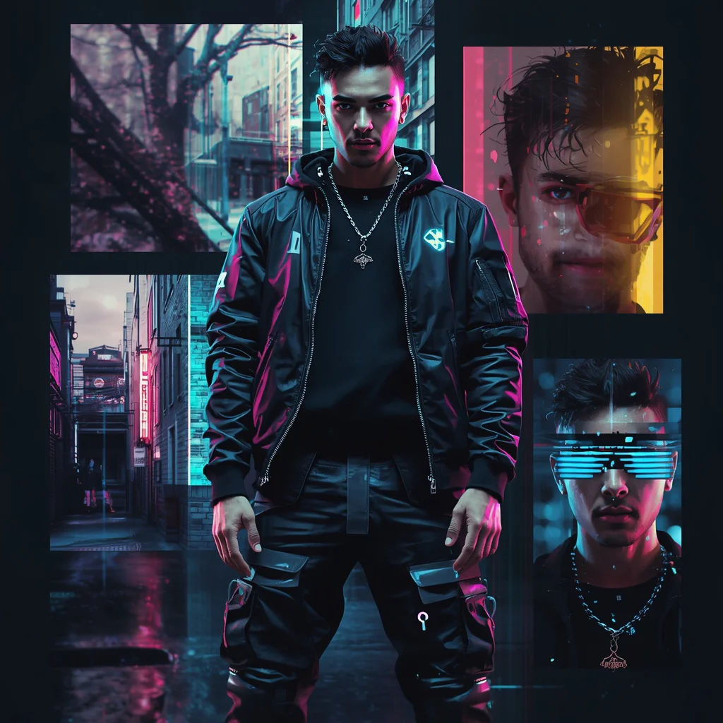 Man's Street Style Cyberpunk Collage Portrait — AI image prompt