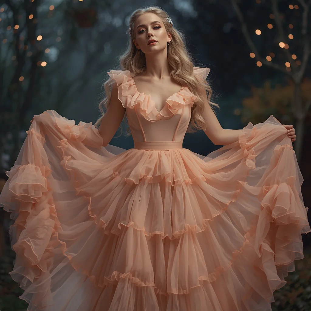 Modern Fairytale Romance: A Woman in a Peach Chiffon Gown with Ruffles — AI image prompt