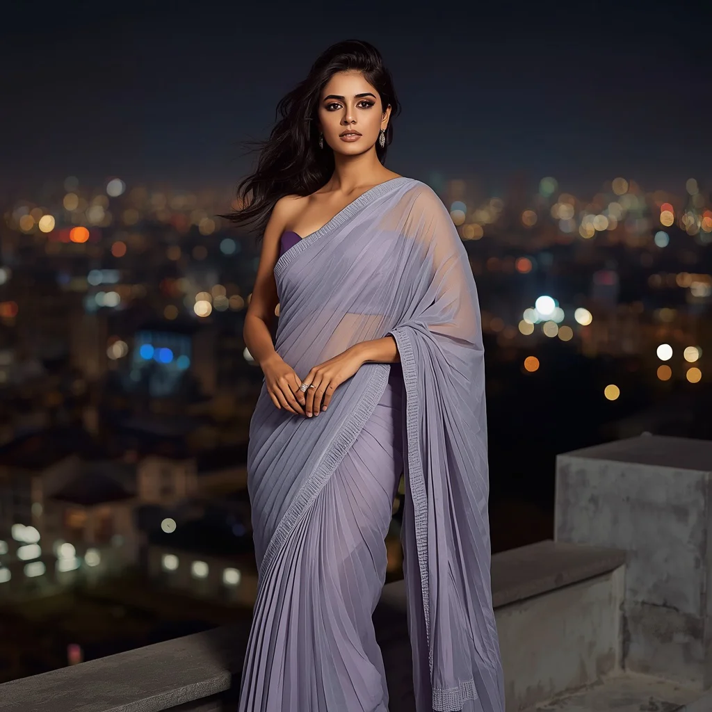 Modern Indian Woman in a Pleated Pastel Organza Saree Against City Lights — AI image prompt