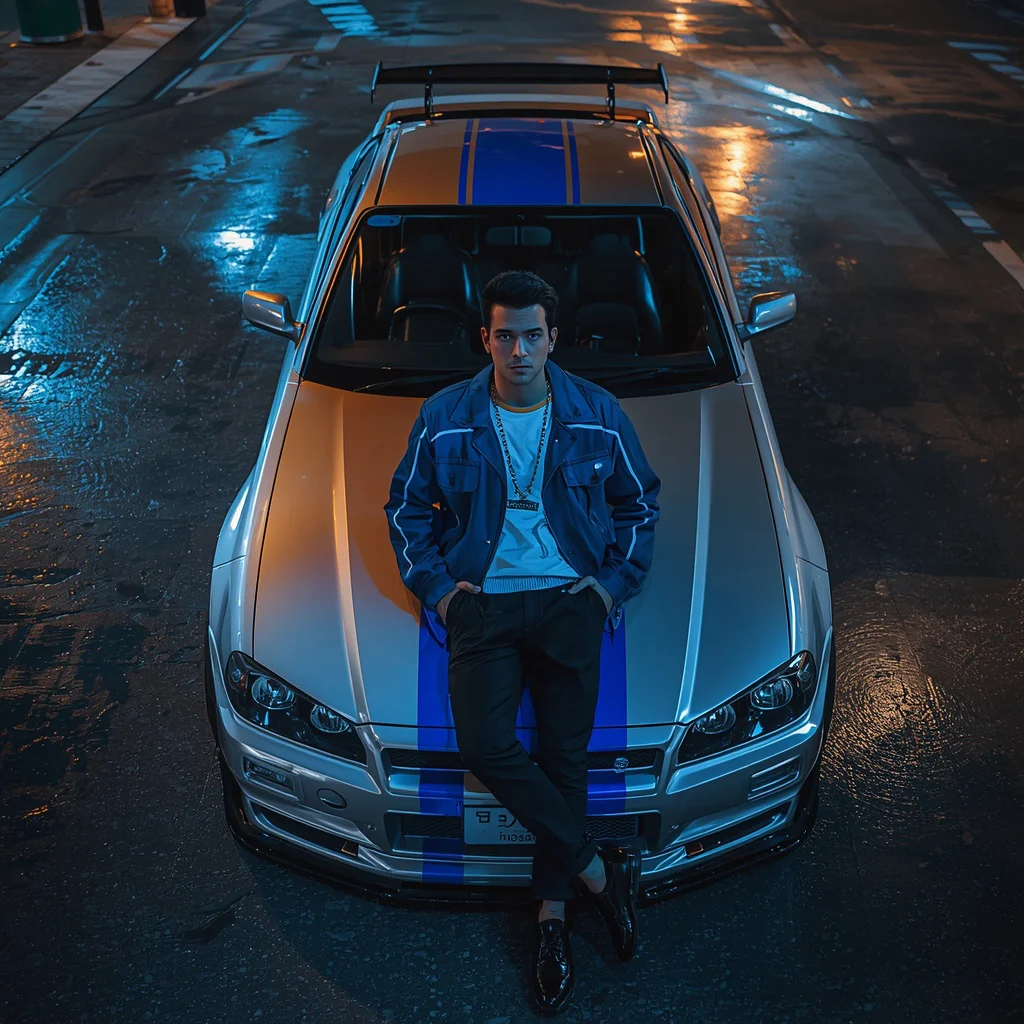 Night Racer's Gaze: A Man in Japan's Neon Street Culture — AI image prompt