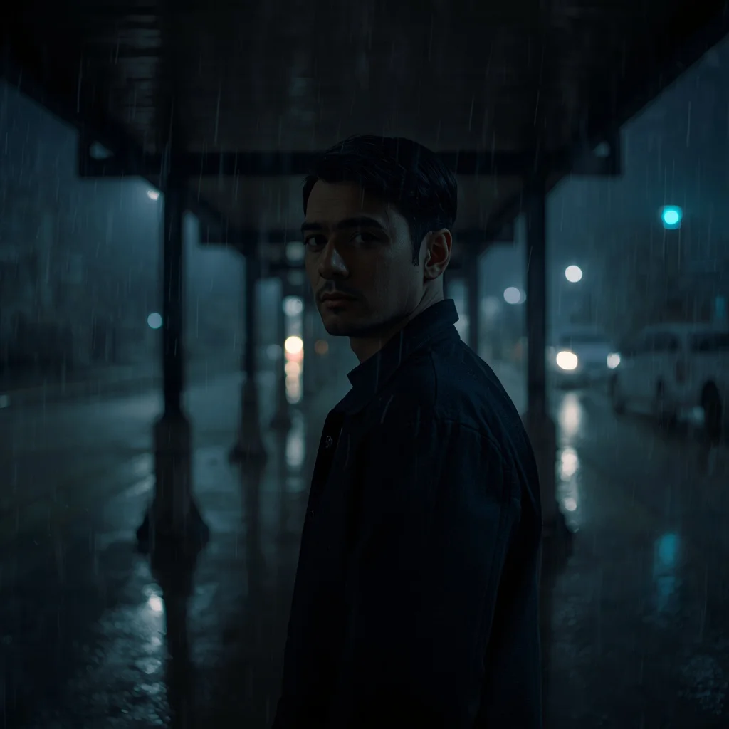 Pensive Man in a Moody Urban Rainstorm at Night — AI image prompt