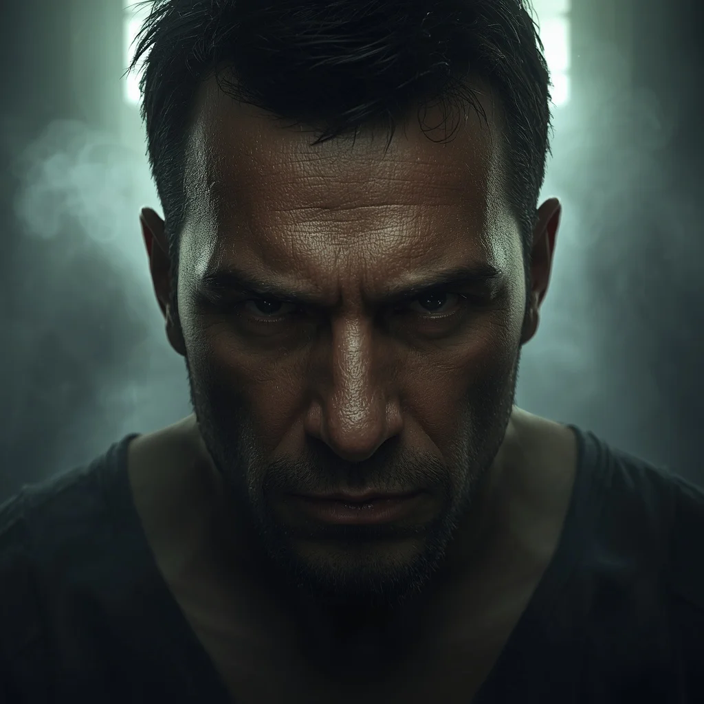 Powerful Man's Intense Gaze in a Smoky, Dramatic Setting — AI image prompt