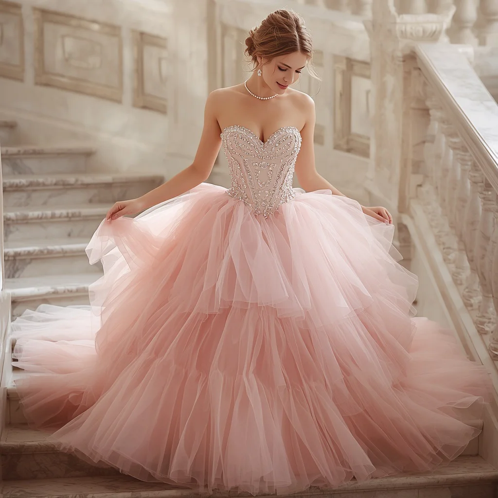 Romantic Blush Pink Tulle Ballgown Perfect for a Fairytale Gala — AI image prompt