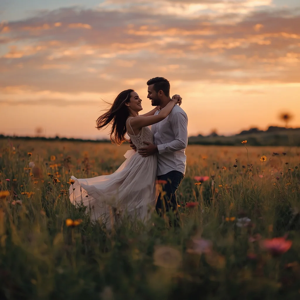Romantic Couple Dancing in a Field of Wildflowers at Sunset — AI image prompt
