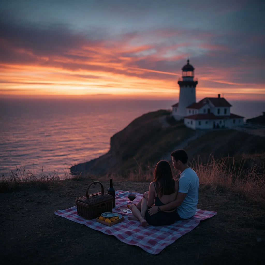 Romantic Couple Having a Picnic by a Lighthouse at Sunset — AI image prompt