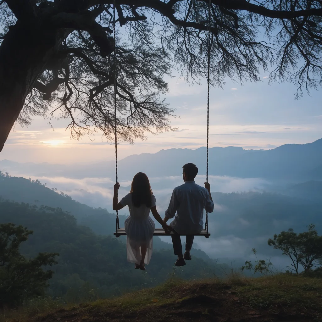 Romantic Couple Holding Hands on a Swing Overlooking a Valley — AI image prompt