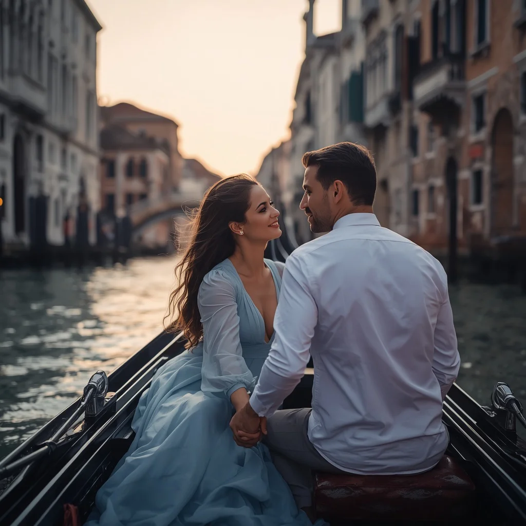 Romantic Couple on a Gondola Ride in Venice at Sunset — AI image prompt
