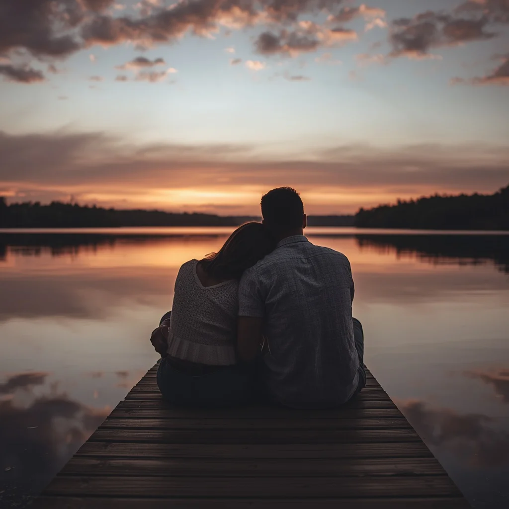 Romantic Couple Sharing a Cozy Moment by a Lakeside Dock — AI image prompt