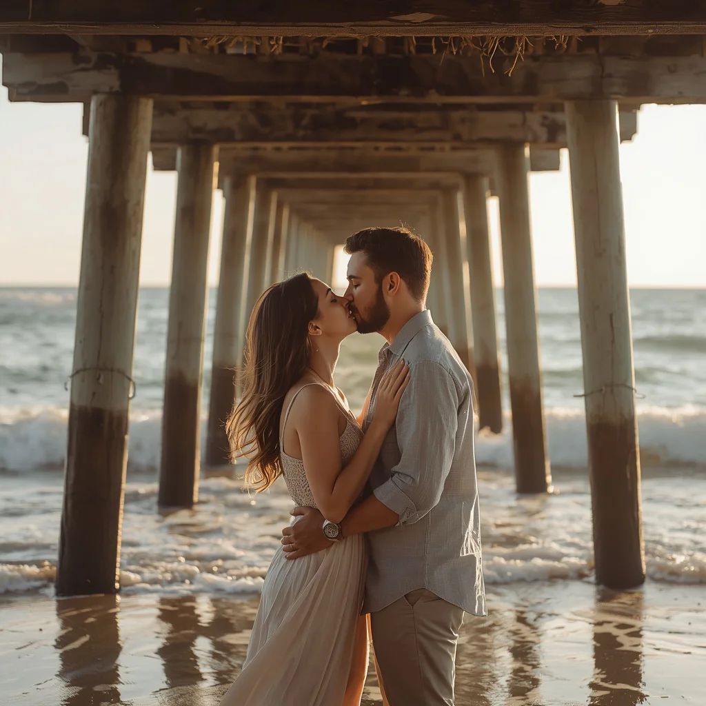 Romantic Couple Sharing a Gentle Kiss Under a Pier — AI image prompt