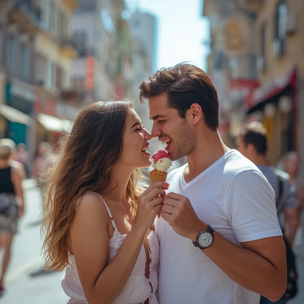 Romantic Couple Sharing an Ice Cream Cone on a City Street — AI image prompt