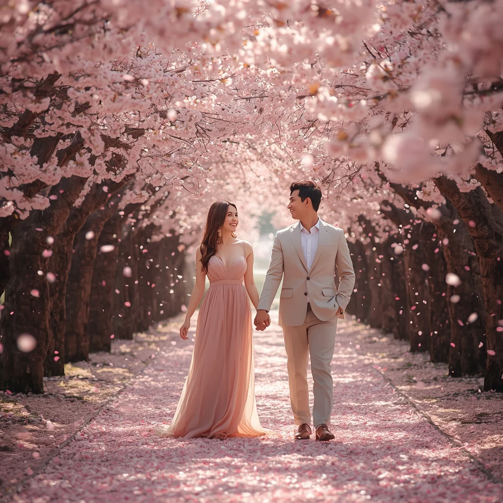 Romantic Couple Walking Through a Cherry Blossom Tunnel — AI image prompt