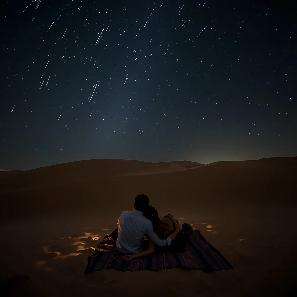 Romantic Couple Watching a Meteor Shower in a Desert Night — AI image prompt