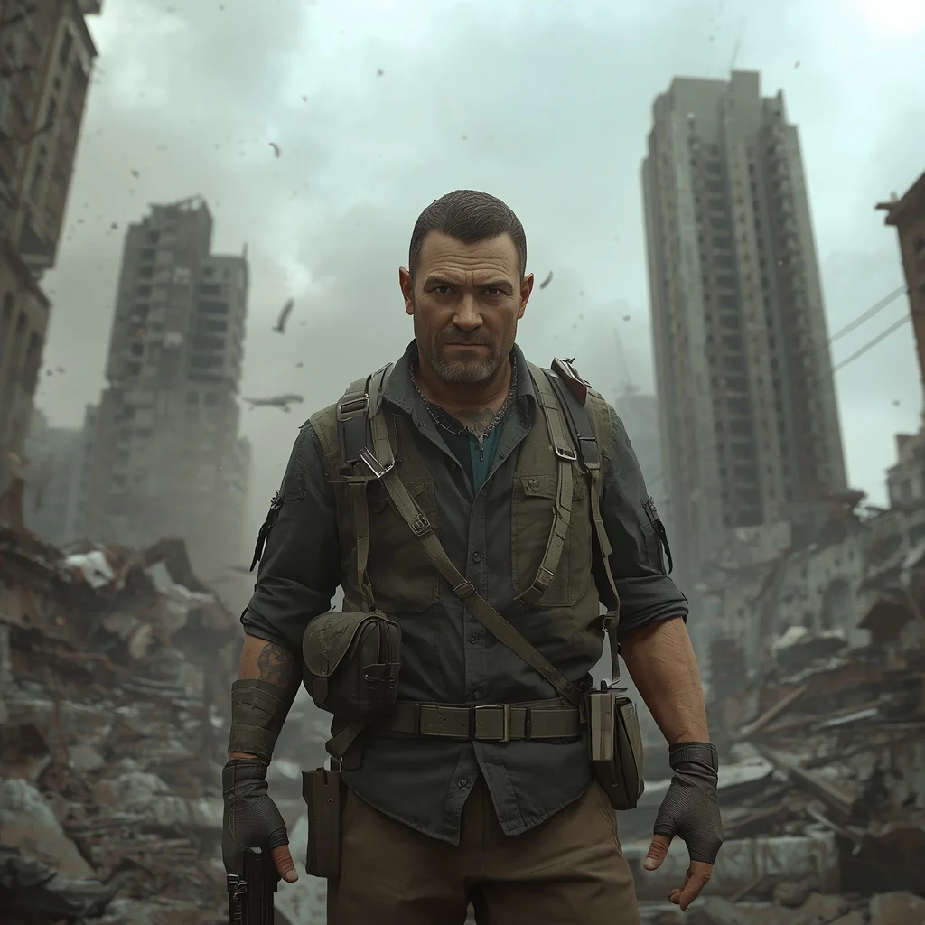 Rugged Man, a Lone Survivor in a Desolate Cityscape — AI image prompt