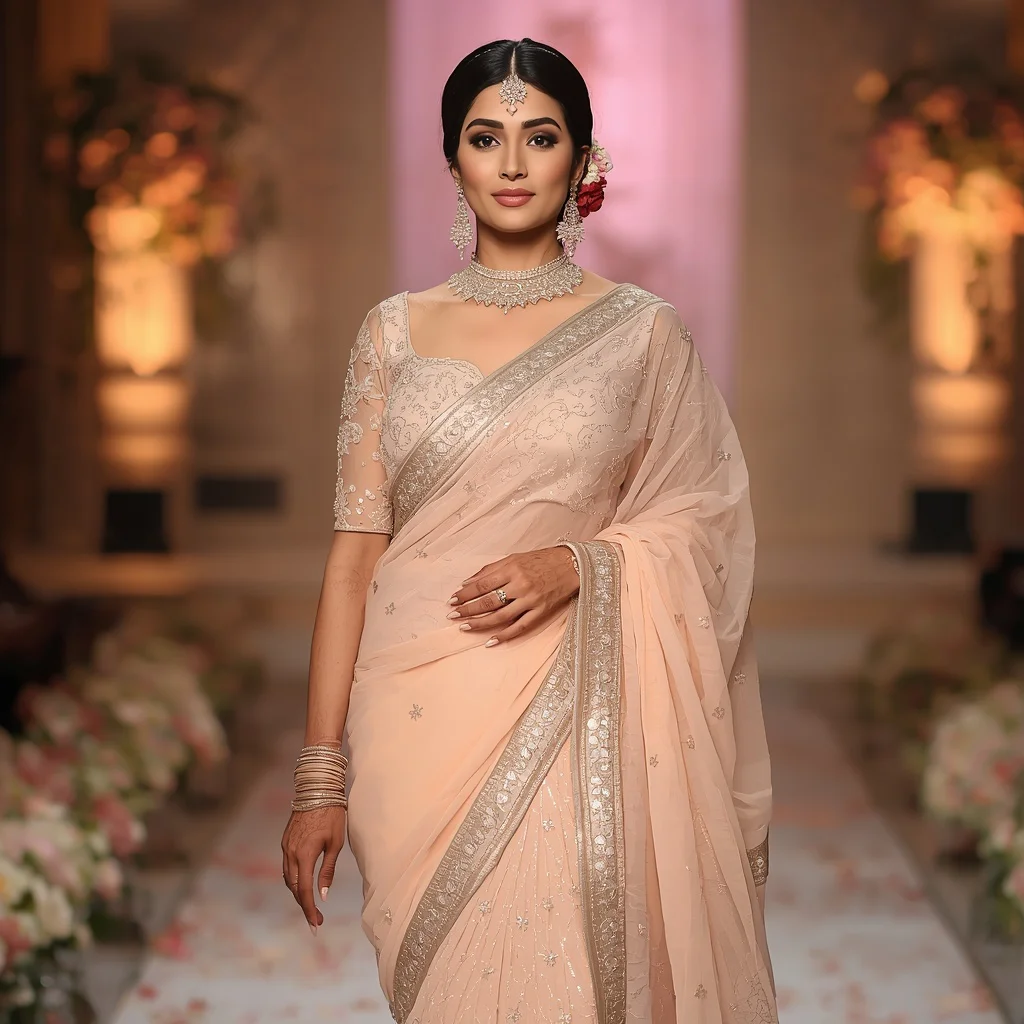 Stylish Indian Woman Walking Down an Aisle in a Pastel Wedding Saree — AI image prompt