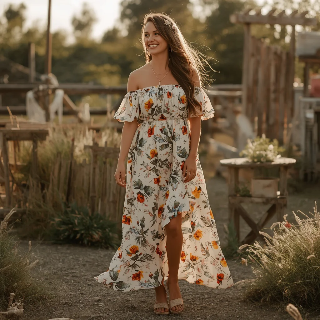 Western Party Charm in a Floral Off-Shoulder Maxi Dress — AI image prompt