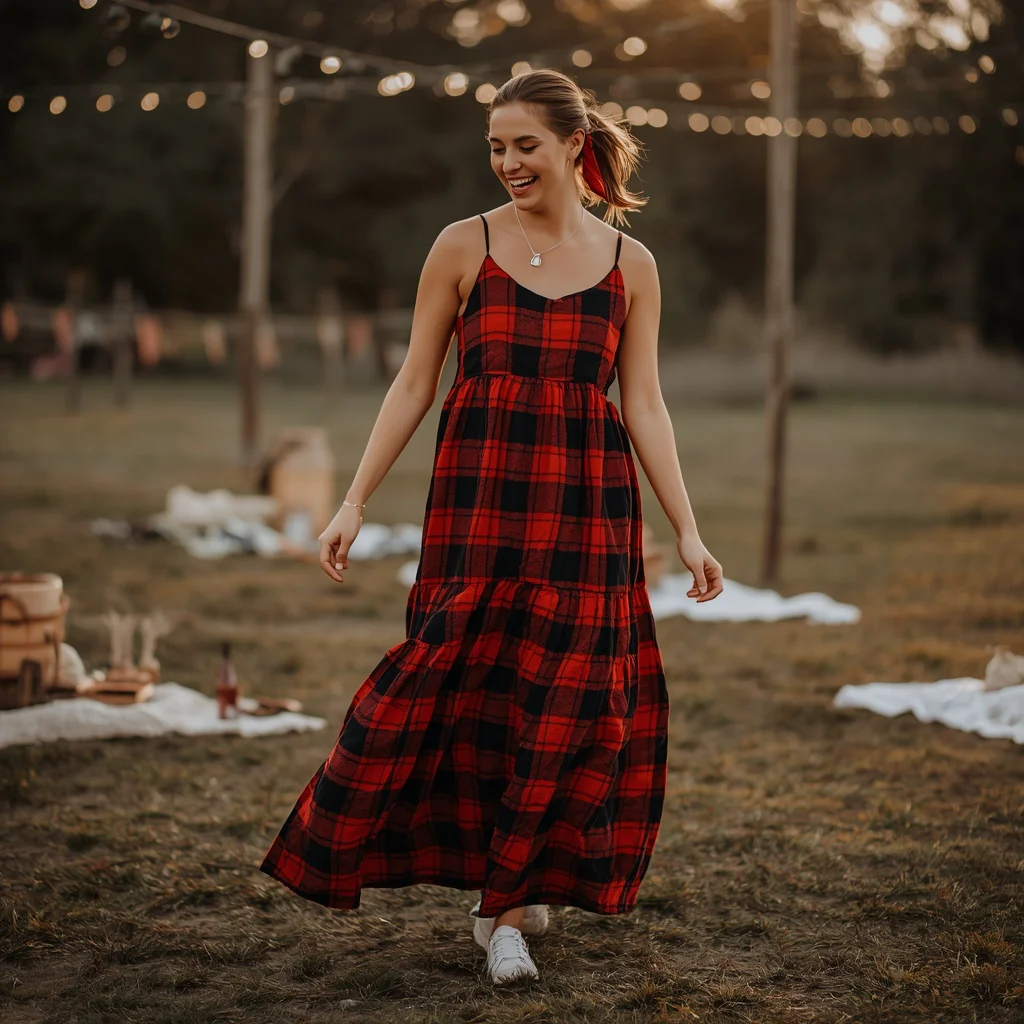 Western Party Fun in a Plaid Tiered Maxi Dress — AI image prompt