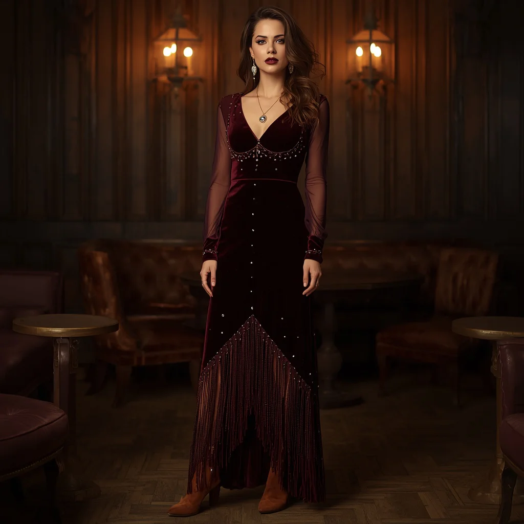 Western Party Glamour in a Velvet Burnout Maxi Dress with Fringe and Beading — AI image prompt