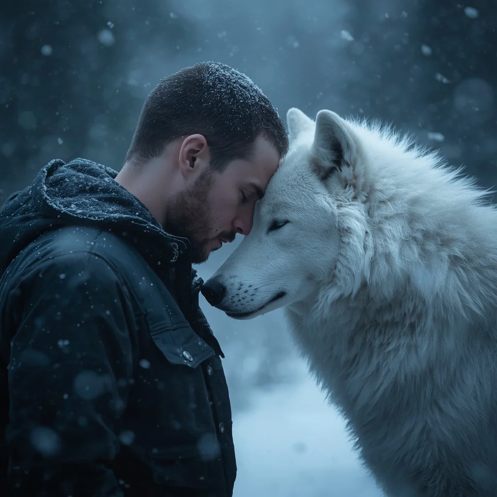 Whispers of Winter: A Man's Bond with a White Wolf — AI image prompt