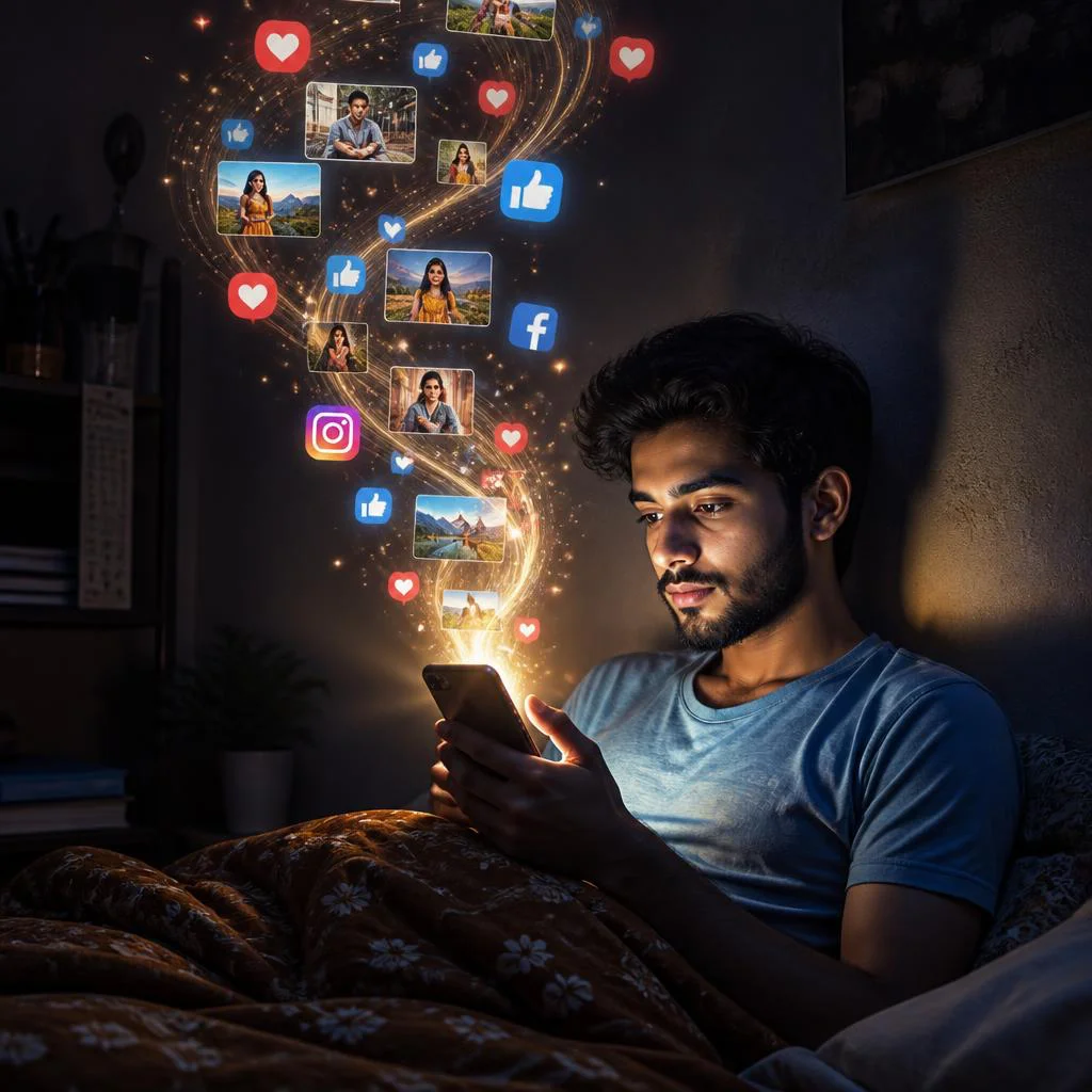 Young Man's Magical Midnight Social Media Scroll — AI image prompt